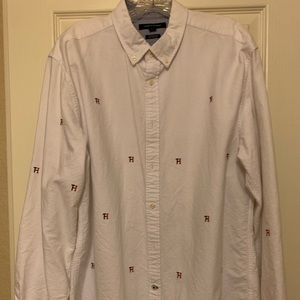 Men’s long sleeve cotton, button up shirt. Red white, and blue.